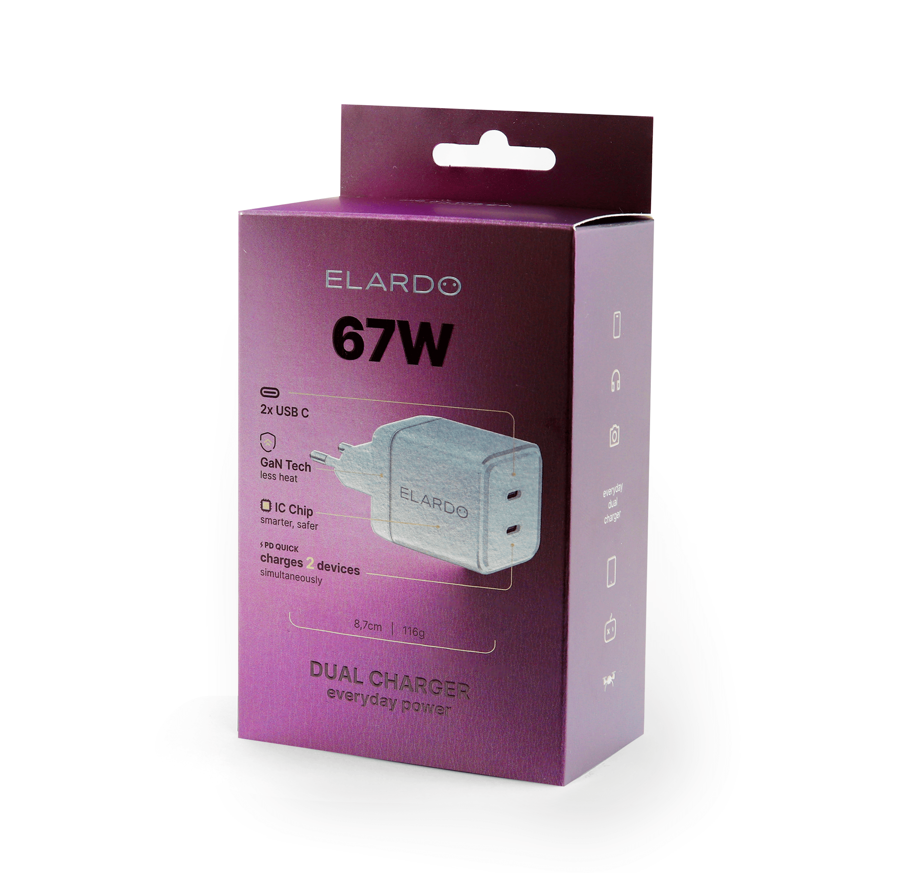 67W výkonná duální USB-C nabíječka ELARDO Everyday Charger GaN - náhled 4
