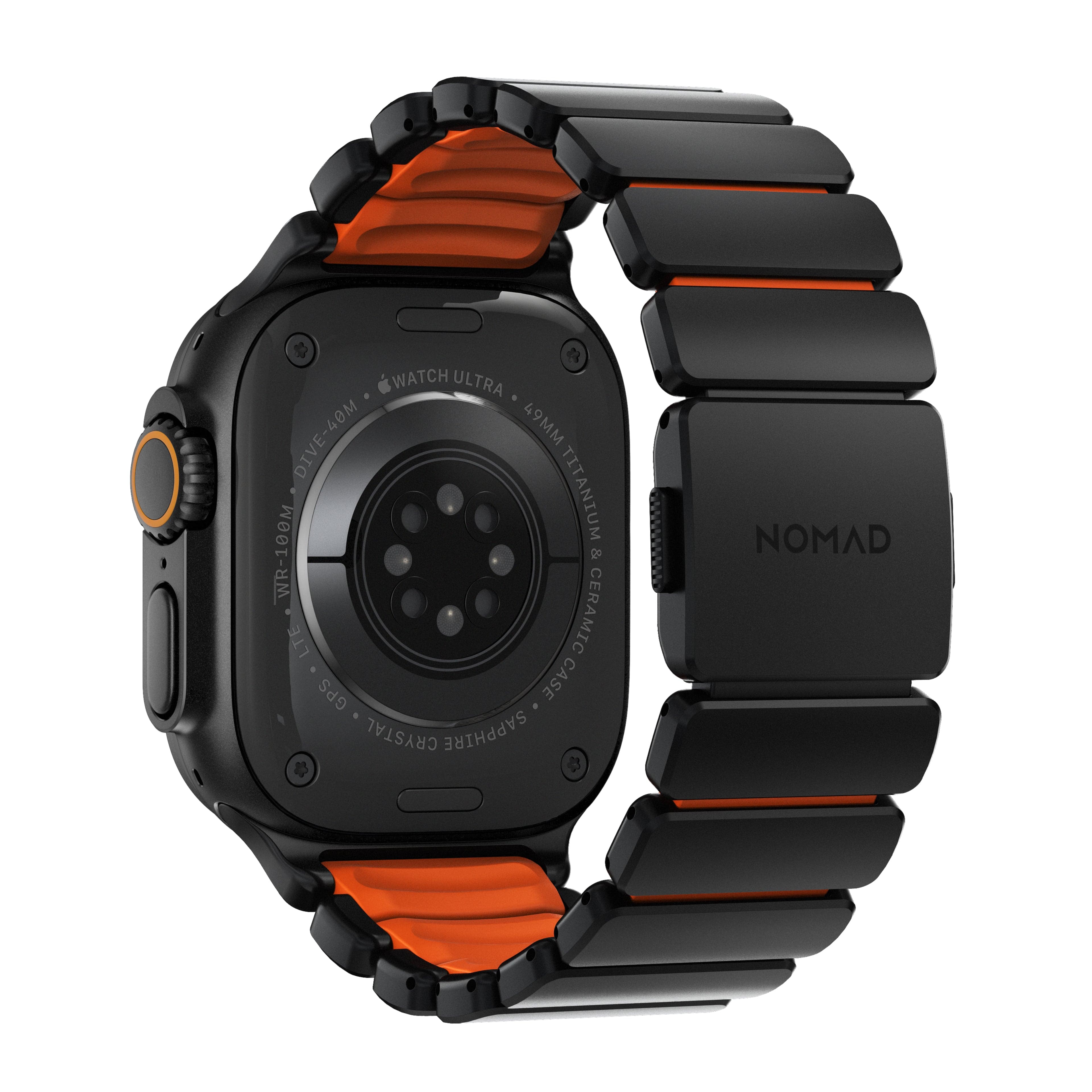 Řemínek pro Apple Watch 45/46/49mm Nomad Stratos Band Black Titanium Ultra FKM - černý/oranžový - náhled 5