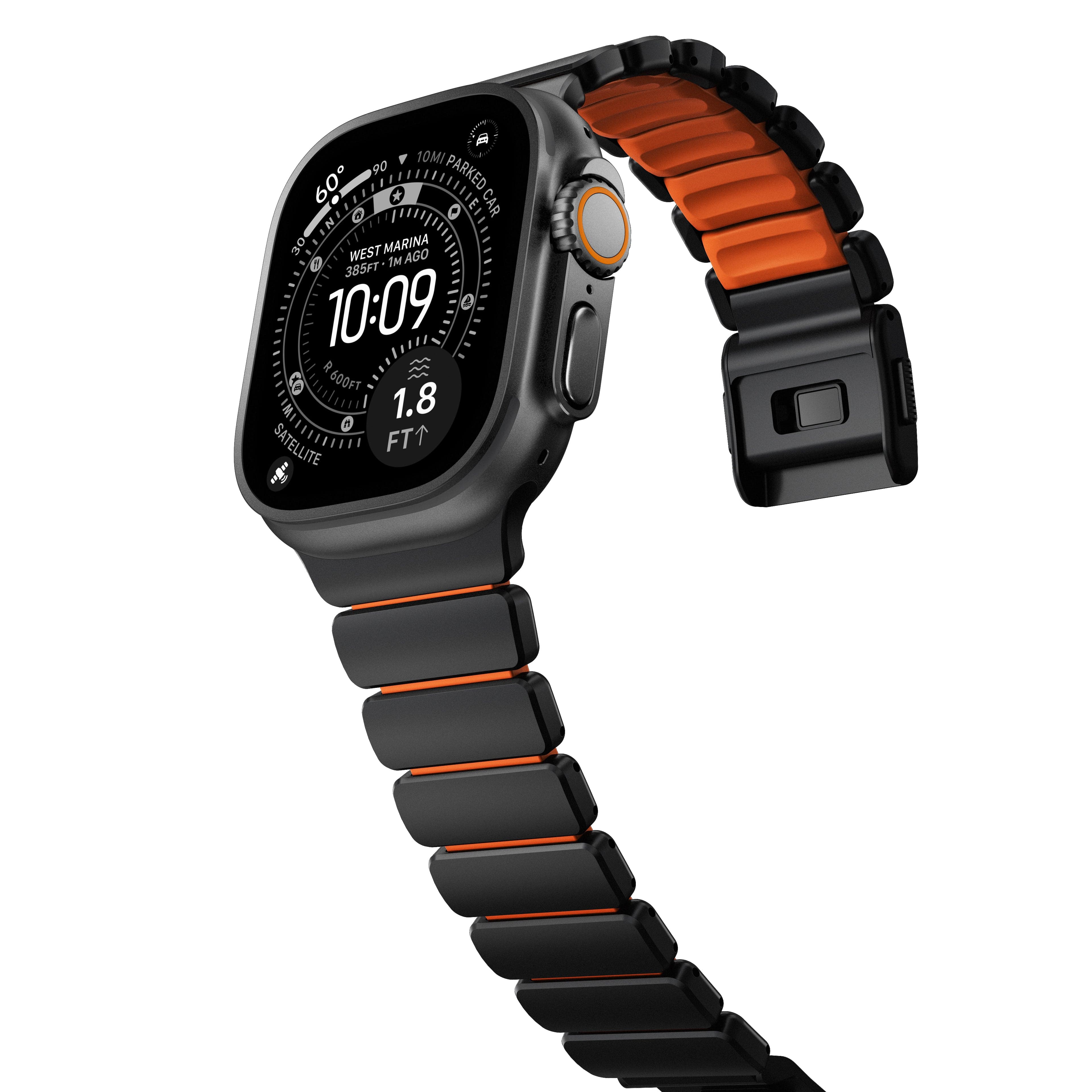 Řemínek pro Apple Watch 45/46/49mm Nomad Stratos Band Black Titanium Ultra FKM - černý/oranžový - náhled 1