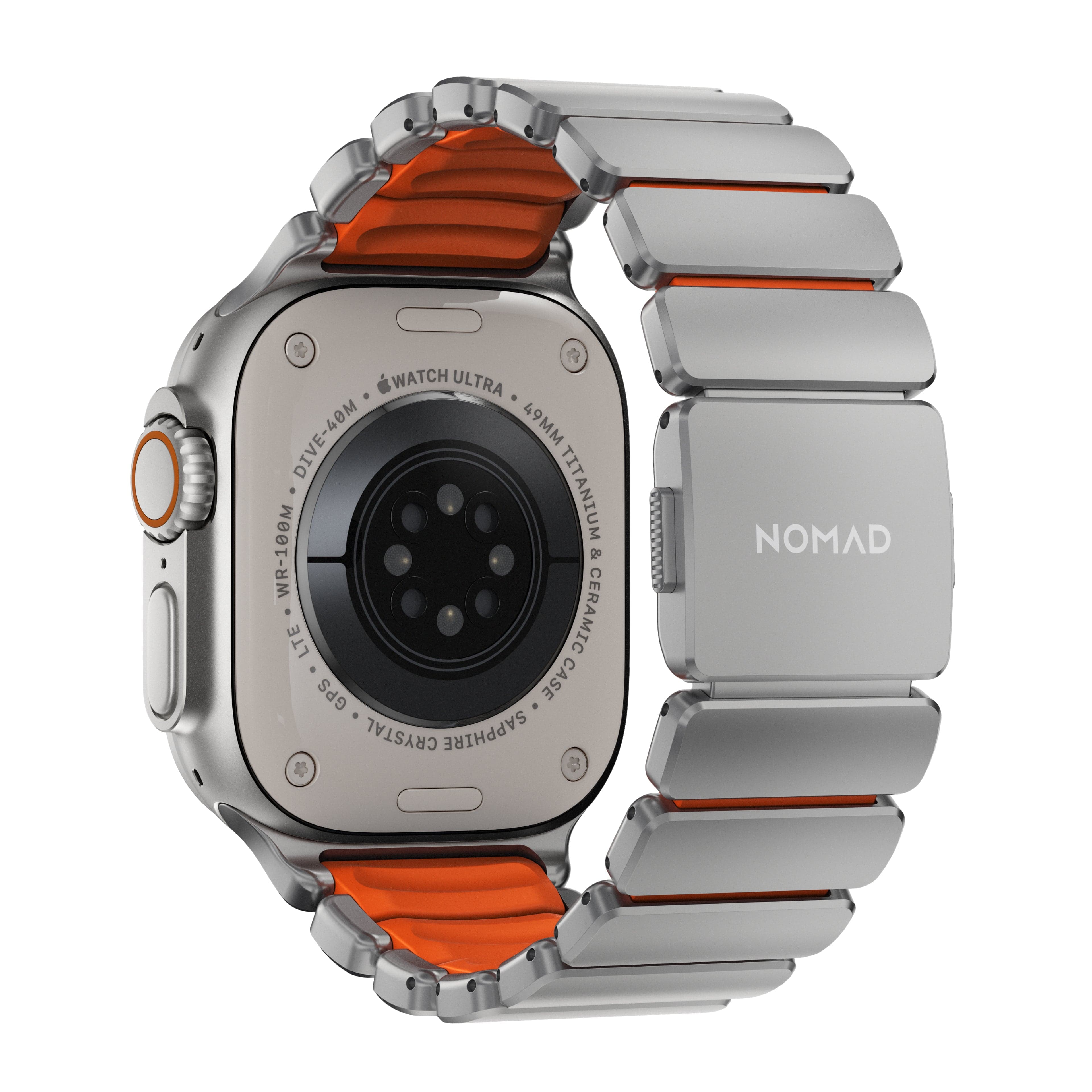Řemínek pro Apple Watch 45/46/49 mm Nomad Stratos Band FKM - stříbrný/oranžový - náhled 3