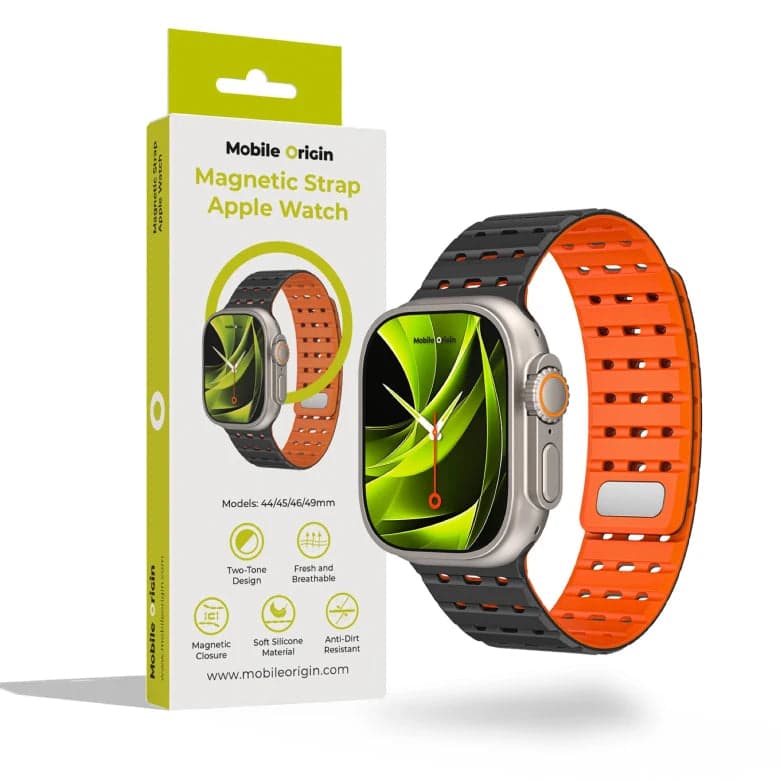 Řemínek pro Apple Watch 44/45/46/49 mm Mobile Origin Elegant Strap s magnetickým zapínáním – černo-oranžový - náhled 4