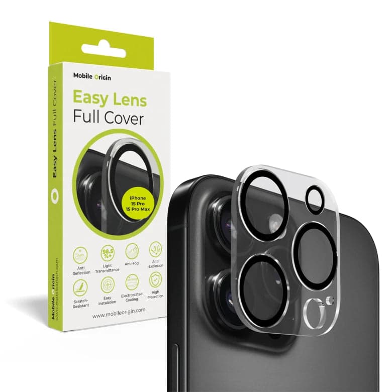 Sklo na fotoaparát pro iPhone 15 Pro / 15 Pro Max Mobile Origin Easy Lens Full Cover - průhledné