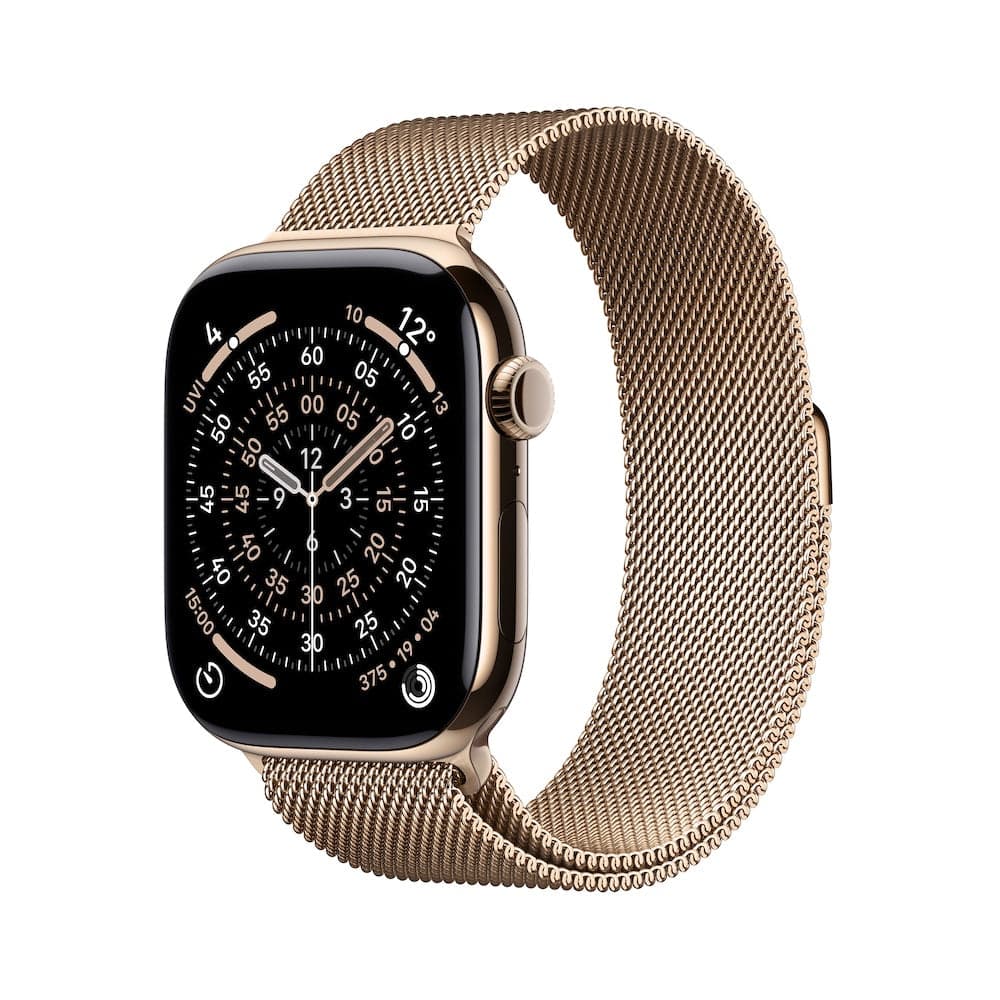 Apple Watch Series 11 GPS + Cellular 42mm zlaté titanové pouzdro se zlatým milánským tahem (otevřený)