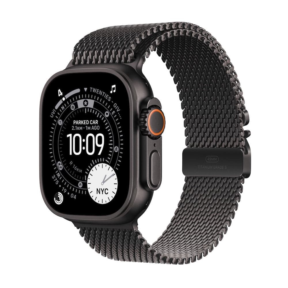 Apple Watch Ultra 3 GPS + Cellular 49mm černě titanové pouzdro s černě titanovým milánským tahem z titanu - M