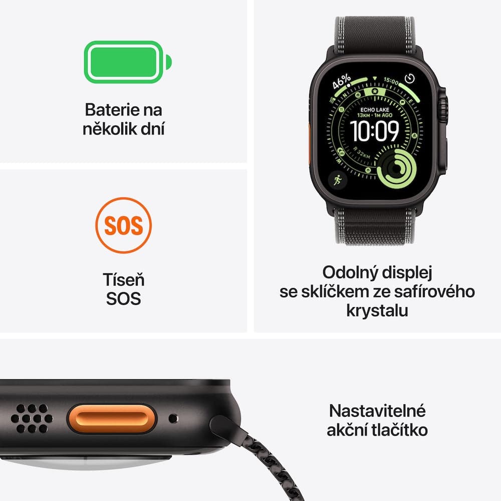 Apple Watch Ultra 3 GPS + Cellular 49mm černě titanové pouzdro s černě/ulovým trailovým tahem - S/M - náhled 3