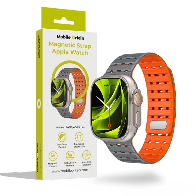 Řemínek pro Apple Watch 44/45/46/49 mm Mobile Origin Elegant Strap s magnetickým zapínáním – šedě-oranžový - náhled 4