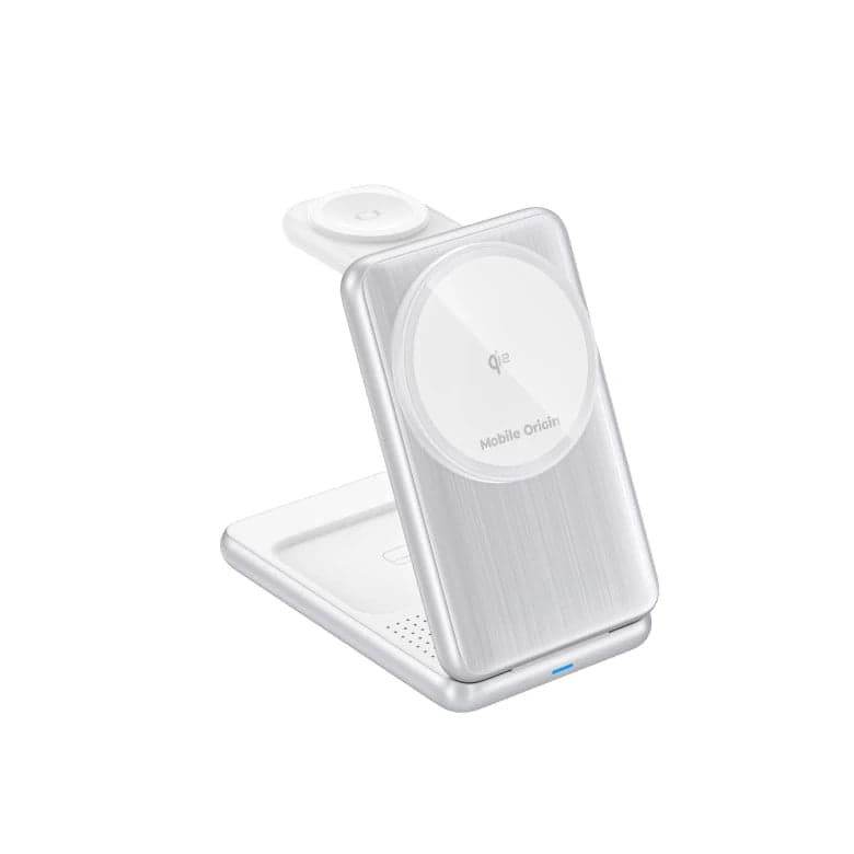 Bezdrátová nabíječka Mobile Origin 3in1 Foldable Qi2 Charger PW8 - stříbrná
