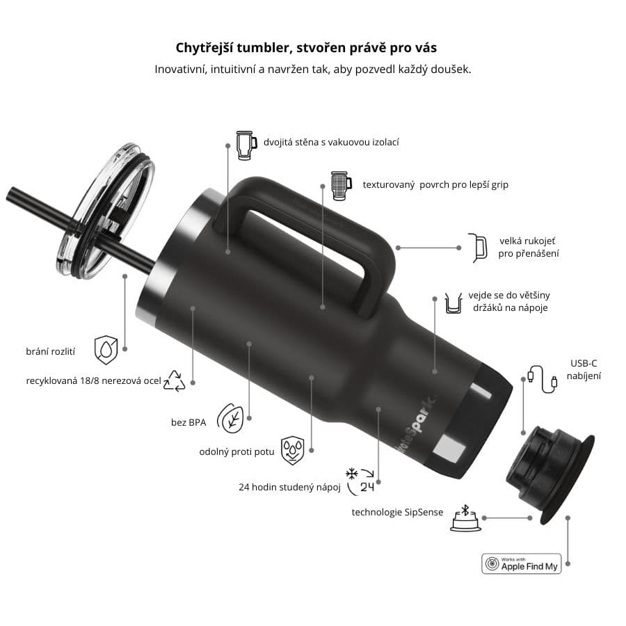 Chytrý termohrnek HidrateSpark PRO 2 Tumbler 887 ml - černý - náhled 4